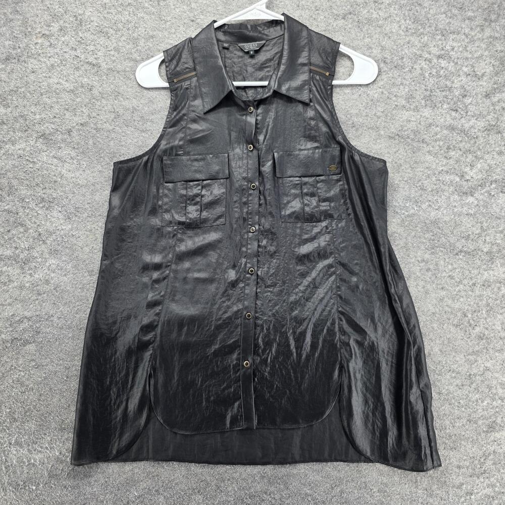 Guess Shirt Womens Medium Black Sleeveless Tunic Button Front Shiny Polyester
